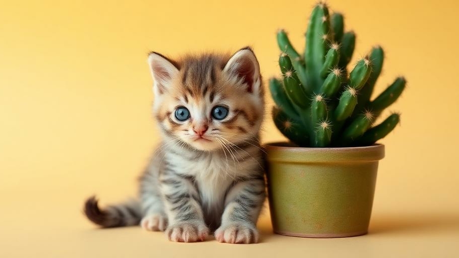 котенок, кот, кошка, кактус, питомец,