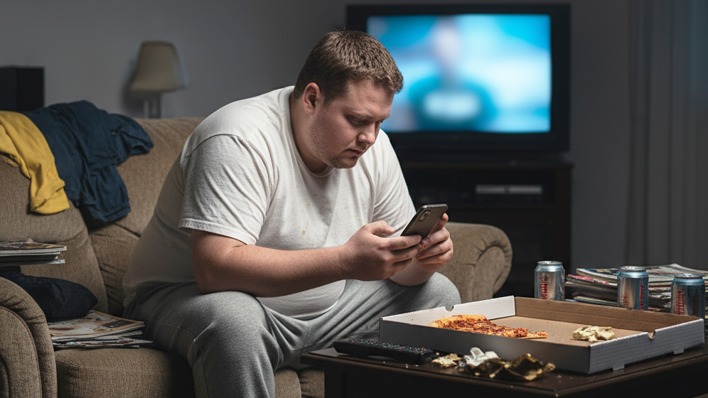 толстый мужчина на диване, лишний вес