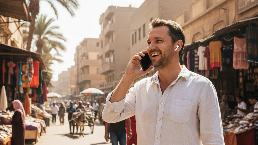 турист говорит по телефону, Египет