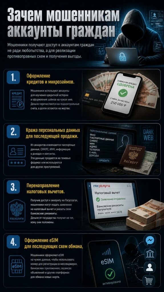 Инфографика: Для чего мошенники используют украденные персональные данные россиян.