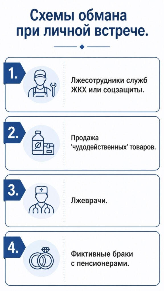 Инфографика, показывающая схемы, с помощью которых мошенники обманывают пенсионеров при личной встрече