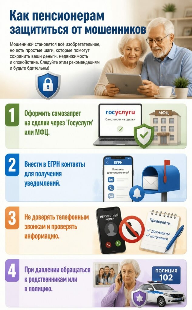 Инфографика, отражающая способы защиты пенсионеров от давления мошенников