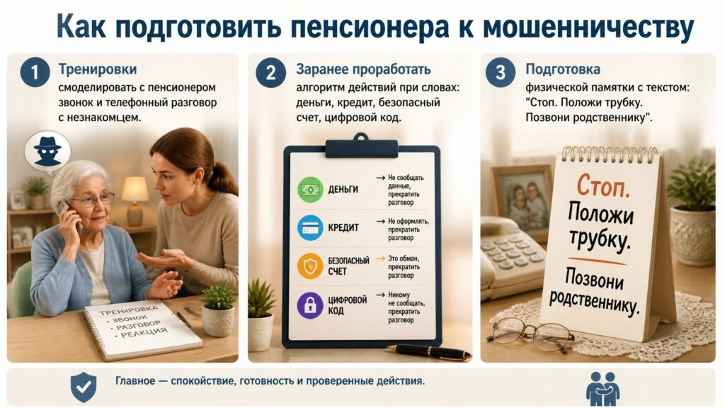 Инфографика: как подготовить пенсионера к разговору с мошенниками